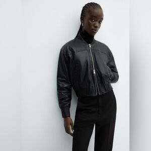 MANGO Women’s Black Leather Bomber Jacket